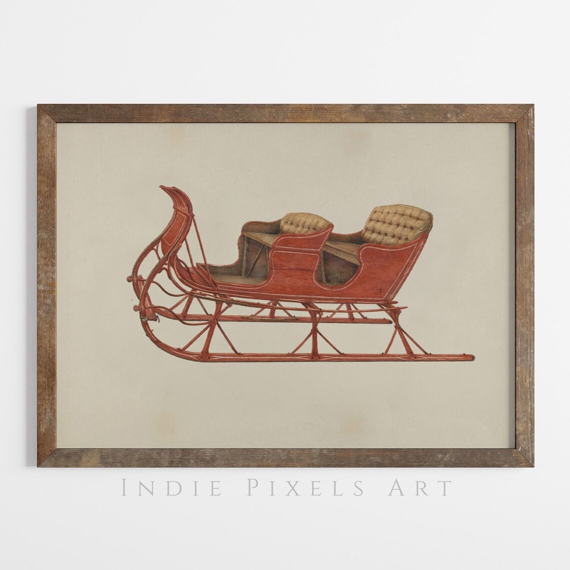 Antique Red Two Seat Sleigh Winter Horse Carriage Art Poster