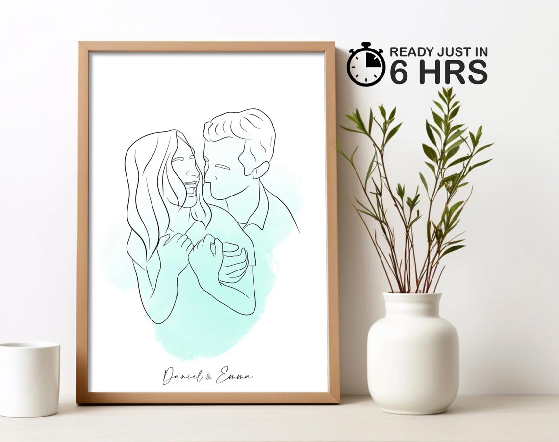 Custom Couple Laughing Line Art Portrait Poster with Mint Wash