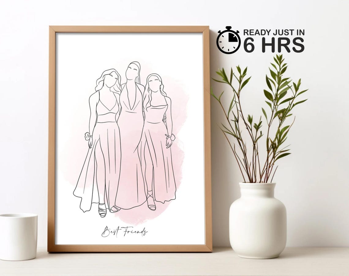 Custom Three Best Friends Line Art Portrait Poster with Pink Wash