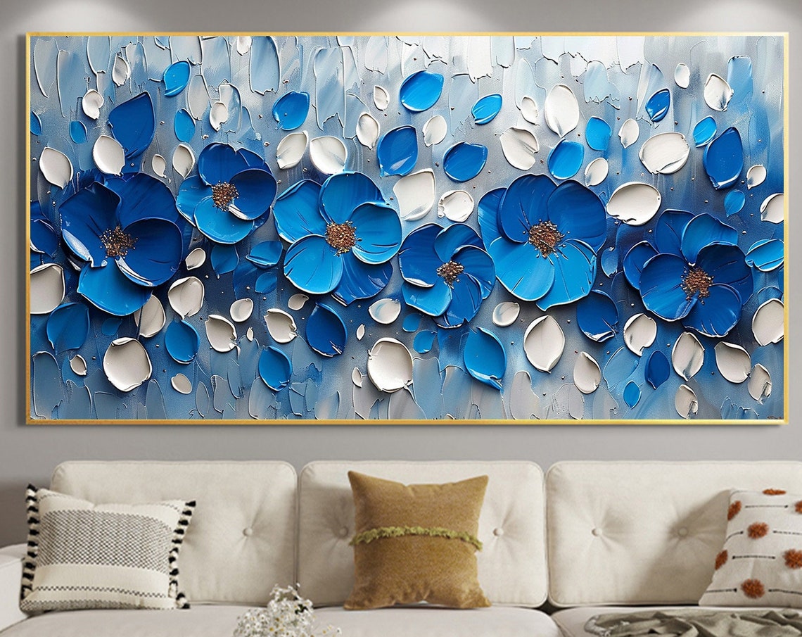 Blue Blossoms with Gold Centers on Textured Aqua Canvas Poster
