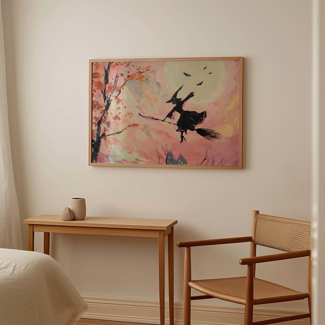 Witch Flying On Broomstick Pink Sunset Halloween Painting Art Poster - Image 2