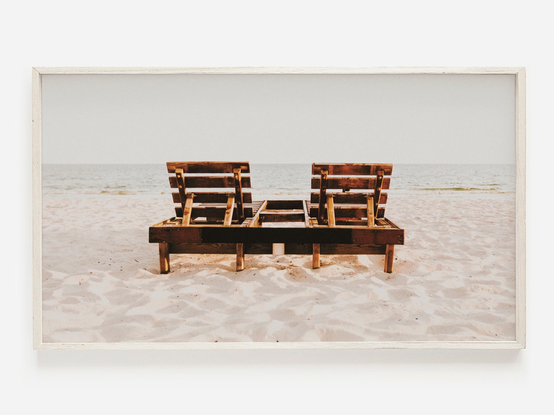 Wooden Beach Chairs Ocean View White Sand Relaxation Travel Poster