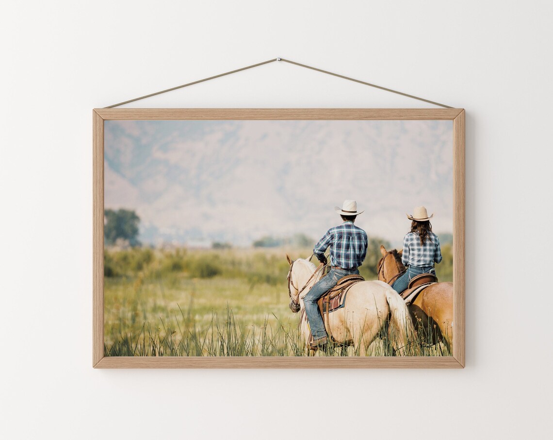Cowboy Couple Horseback Riding Western Prairie Sunset Landscape Poster - Image 2