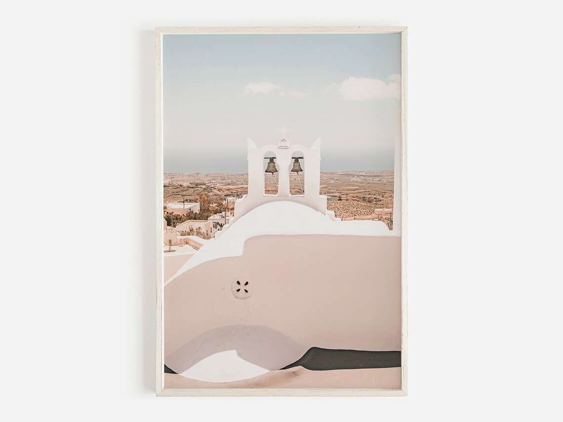 Santorini Greece White Church Bell Arch Sea View Pastel Travel Poster