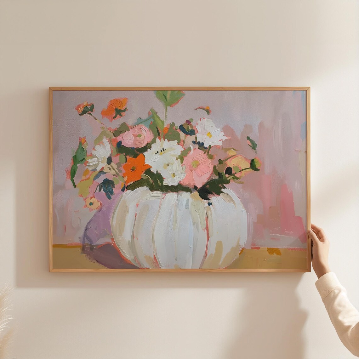 White Pumpkin Vase Floral Bouquet Painting Pastel Flower Still Life Art Print - Image 3
