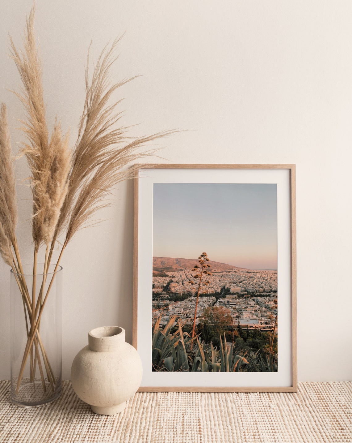 Greece Sunset Cityscape White Buildings Agave Foreground Travel Poster - Image 2