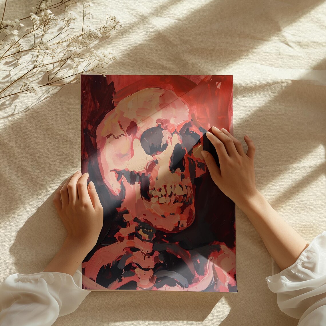 Gothic Skull Oil Painting Pink Red Black Expressionist Skeleton Art Print - Image 3