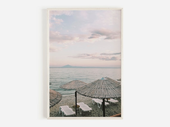 Beach Umbrella Print, Pastel Sunset Coastal Art