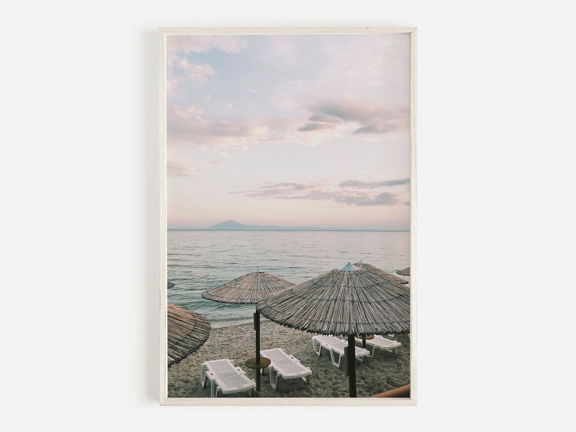 Beach Umbrella Print, Pastel Sunset Coastal Art