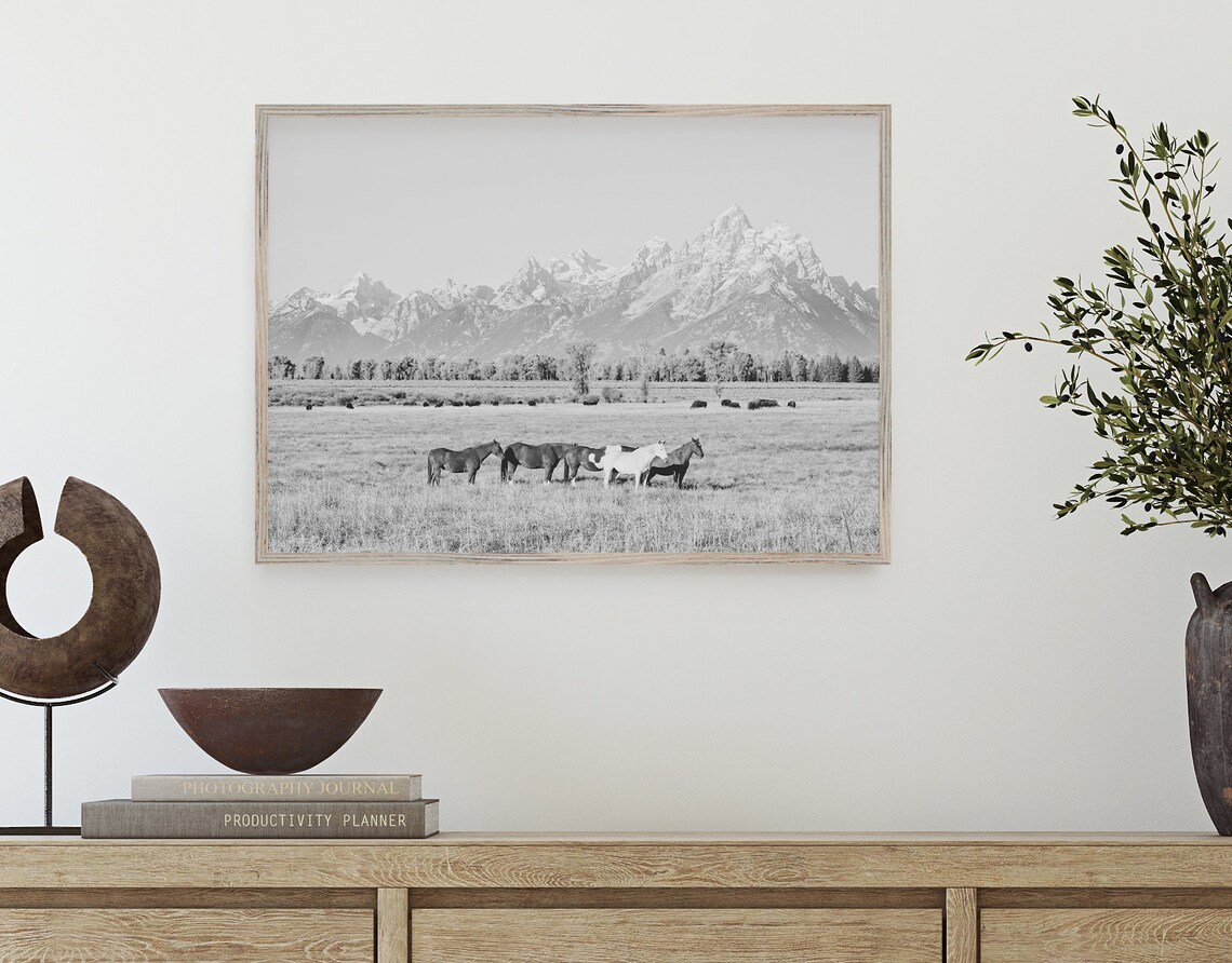 Horses in Grand Teton Black and White Art Print - Image 3