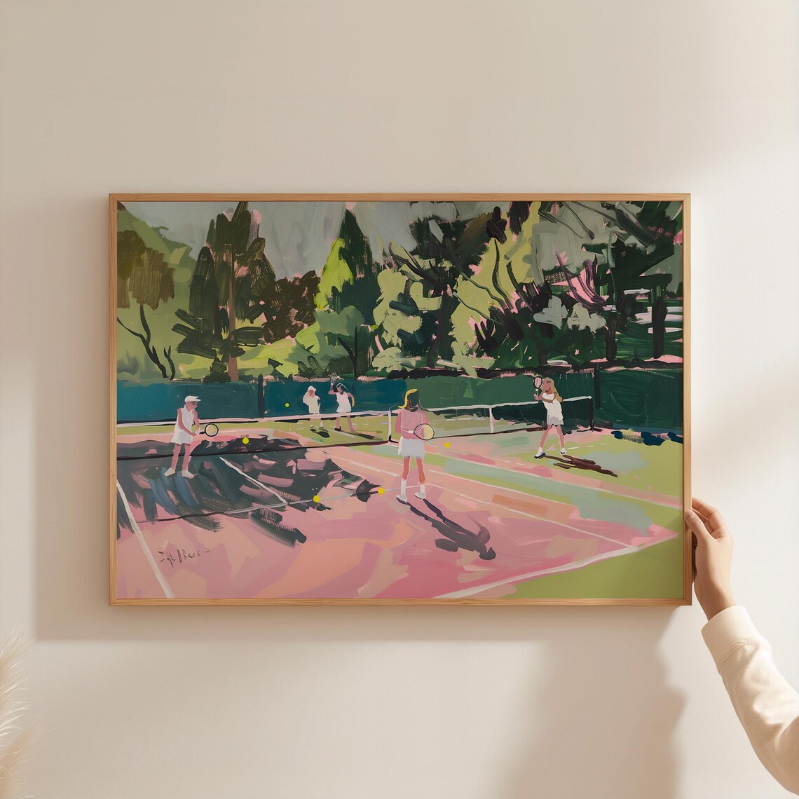 Girls Tennis Match On Pink Court Bold Sports Painting Art Poster - Image 3