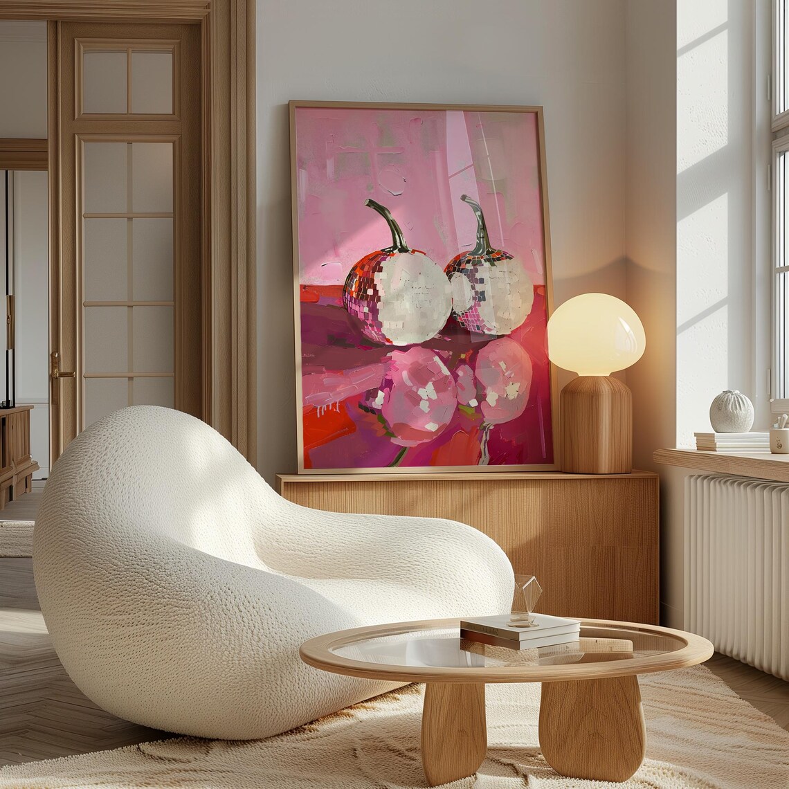 Disco Ball Pumpkin Painting Pink Retro Halloween Party Fall Wall Art Print - Image 2