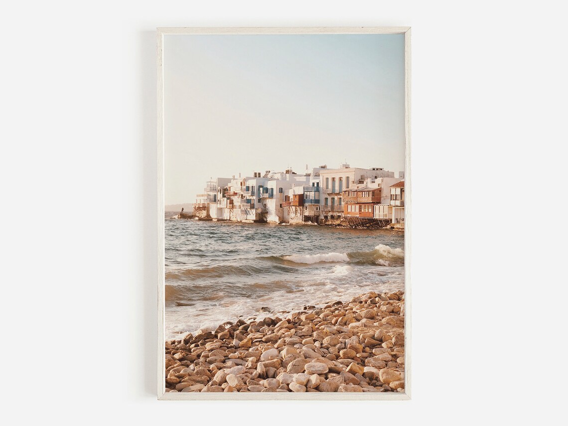 Greek Island Whitewashed Seaside Houses Rocky Shore Travel Poster
