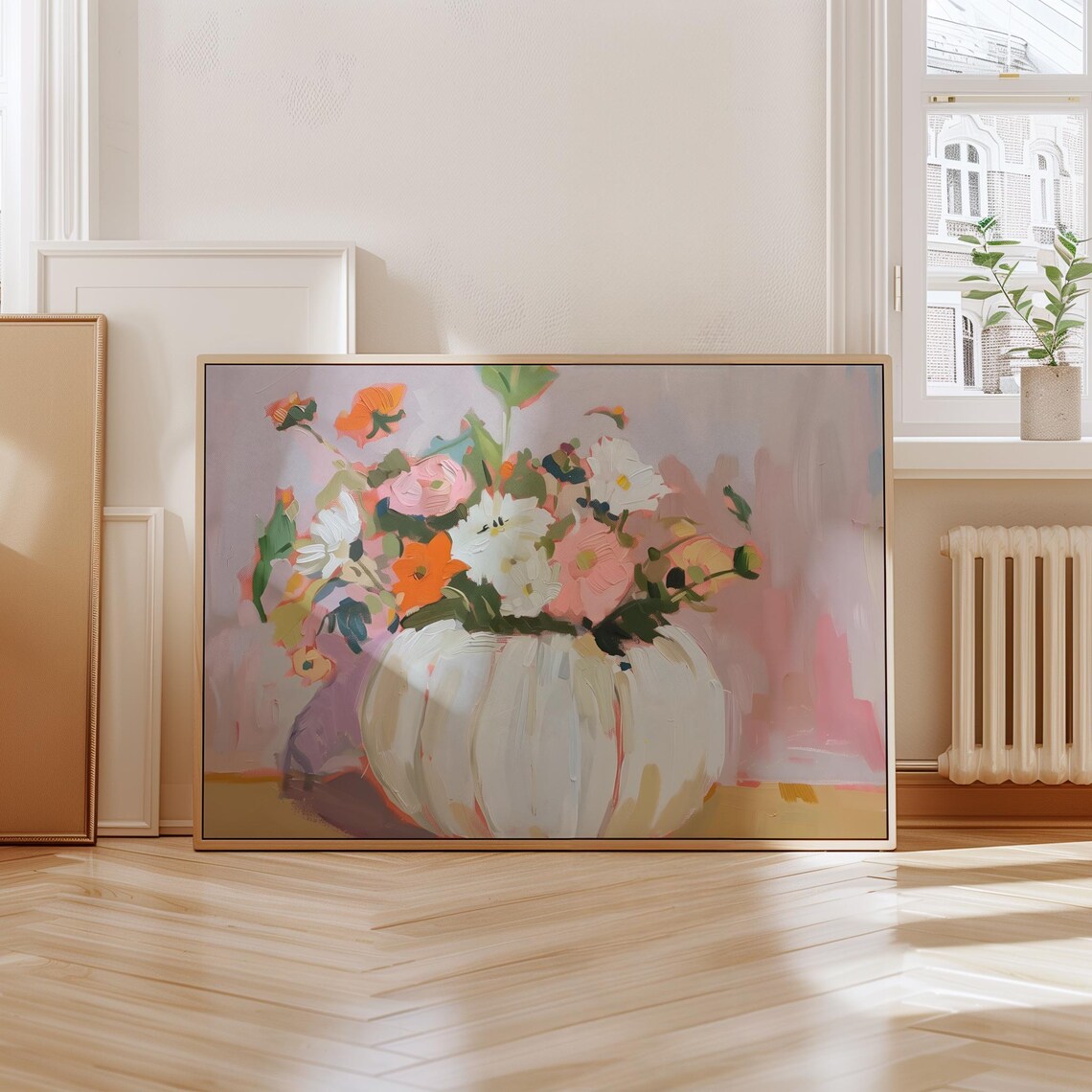 White Pumpkin Vase Floral Bouquet Painting Pastel Flower Still Life Art Print - Image 4