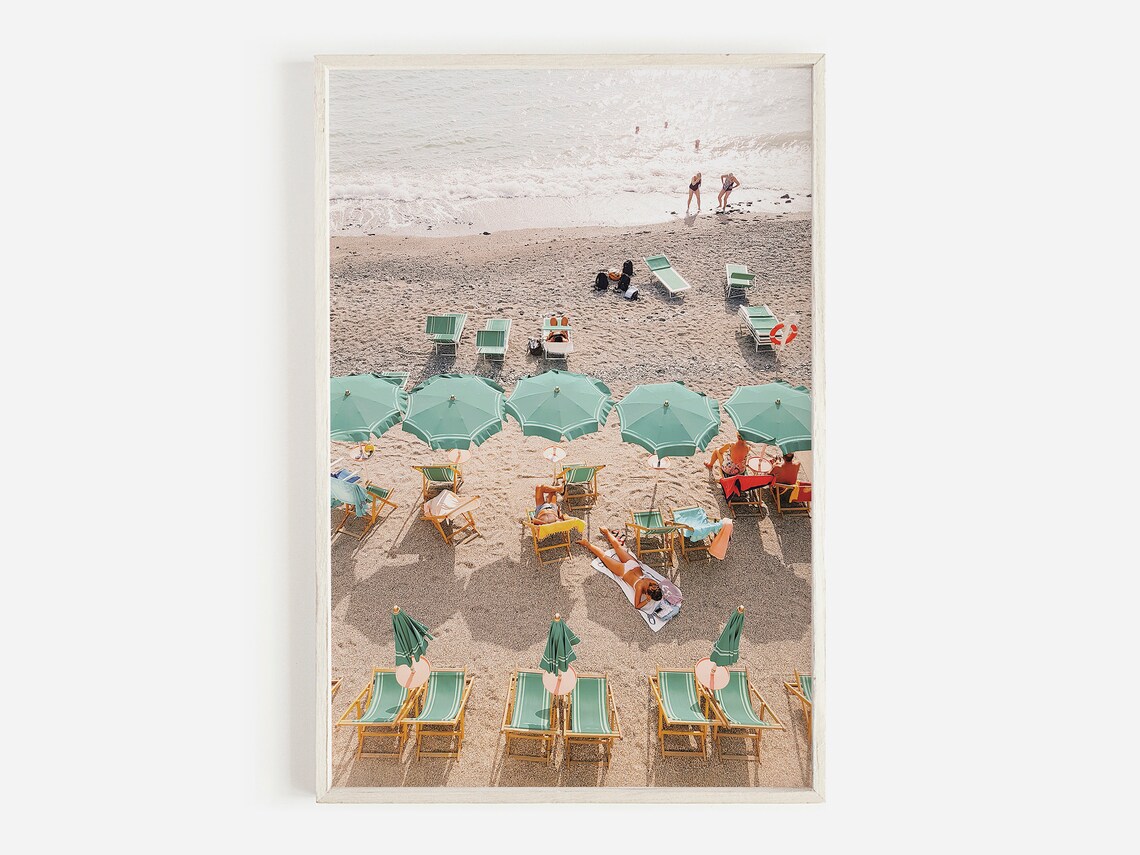Aerial Beach Umbrellas Green Parasols Coast Crowd Travel Poster