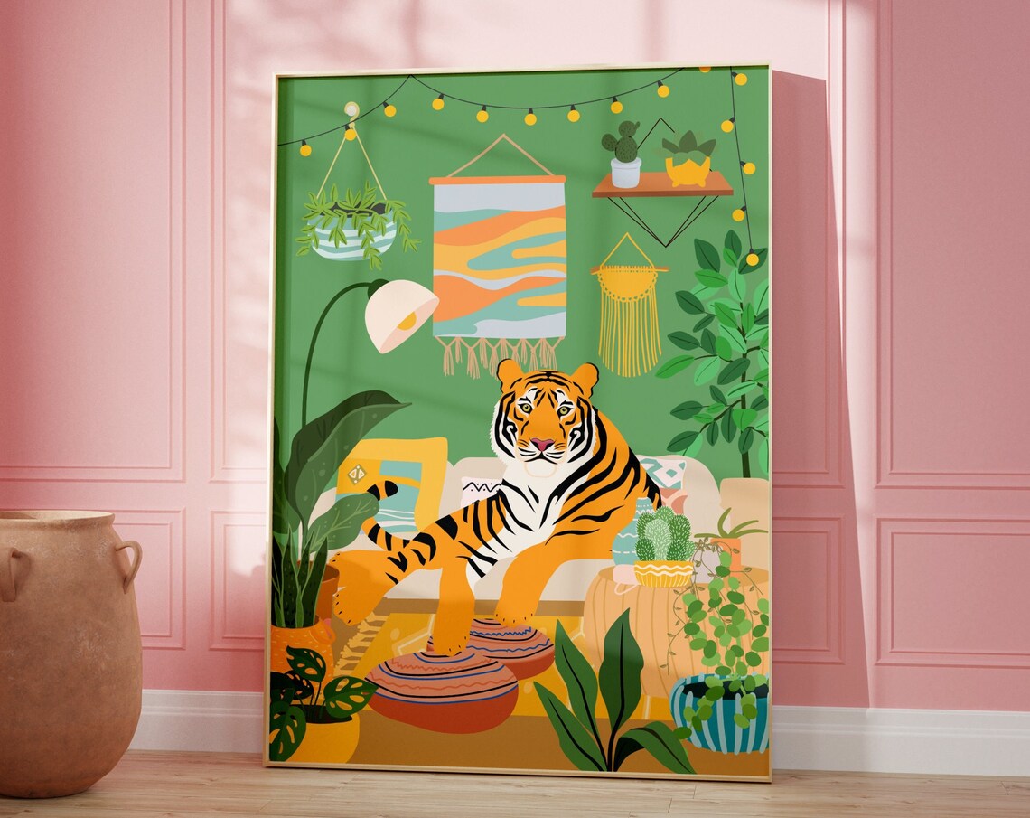 Tiger Lounging Boho Living Room Plants Jungle Home Decor Poster