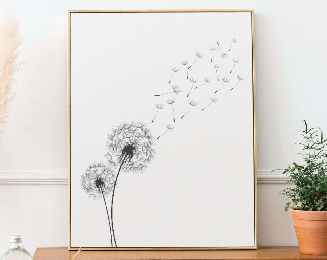 Dandelion Seeds Blowing Black White Minimalist Botanical Wall Poster