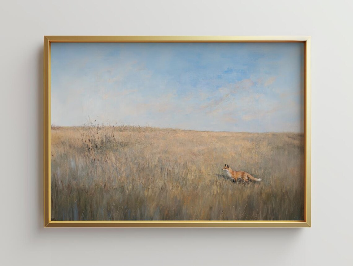 Red Fox Walking Golden Wheat Field Big Sky Oil Painting Animal Poster