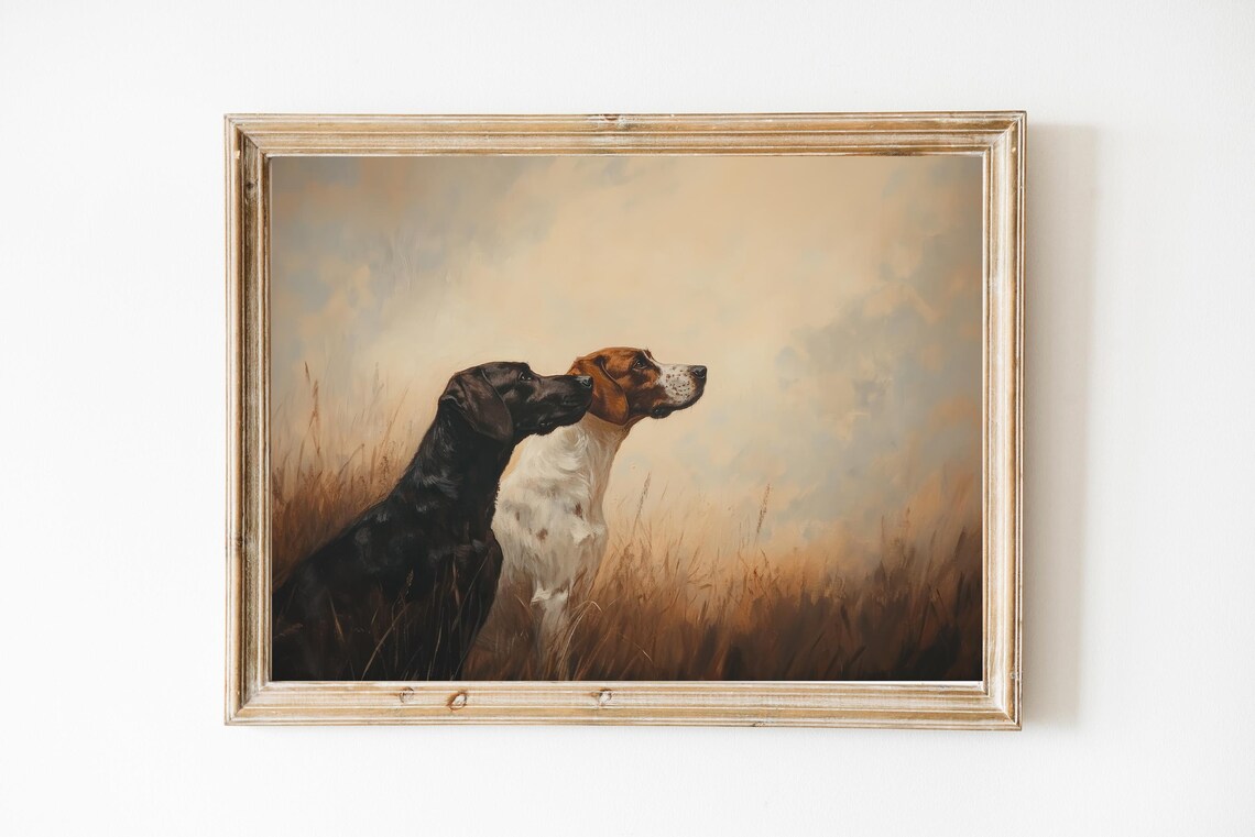 Two Hunting Dogs In Field Vintage Neutral Tone Oil Painting Poster
