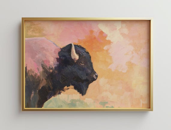 Buffalo Art Print, Pastel Oil Painting Landscape