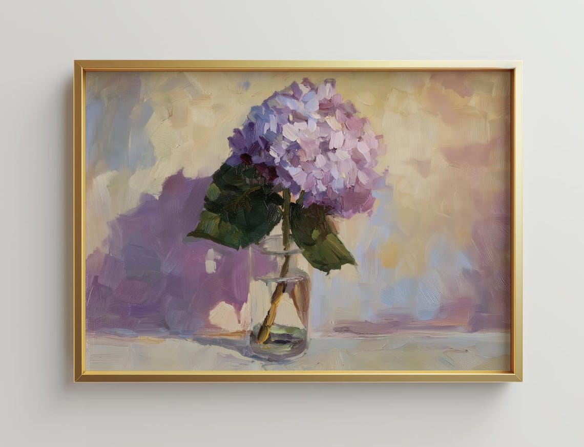 Lavender Hydrangea Oil Painting in Glass Vase Botanical Poster