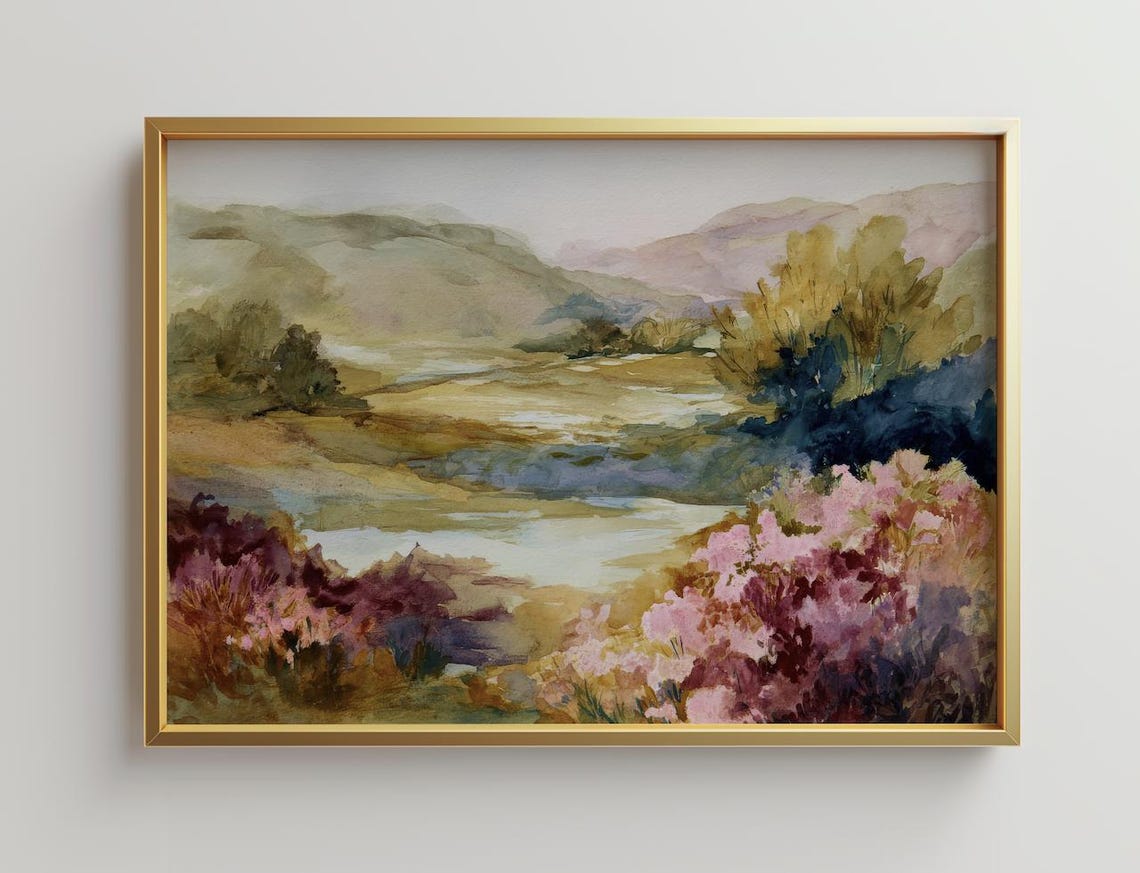 Misty Watercolor Landscape Rolling Hills River Valley Poster
