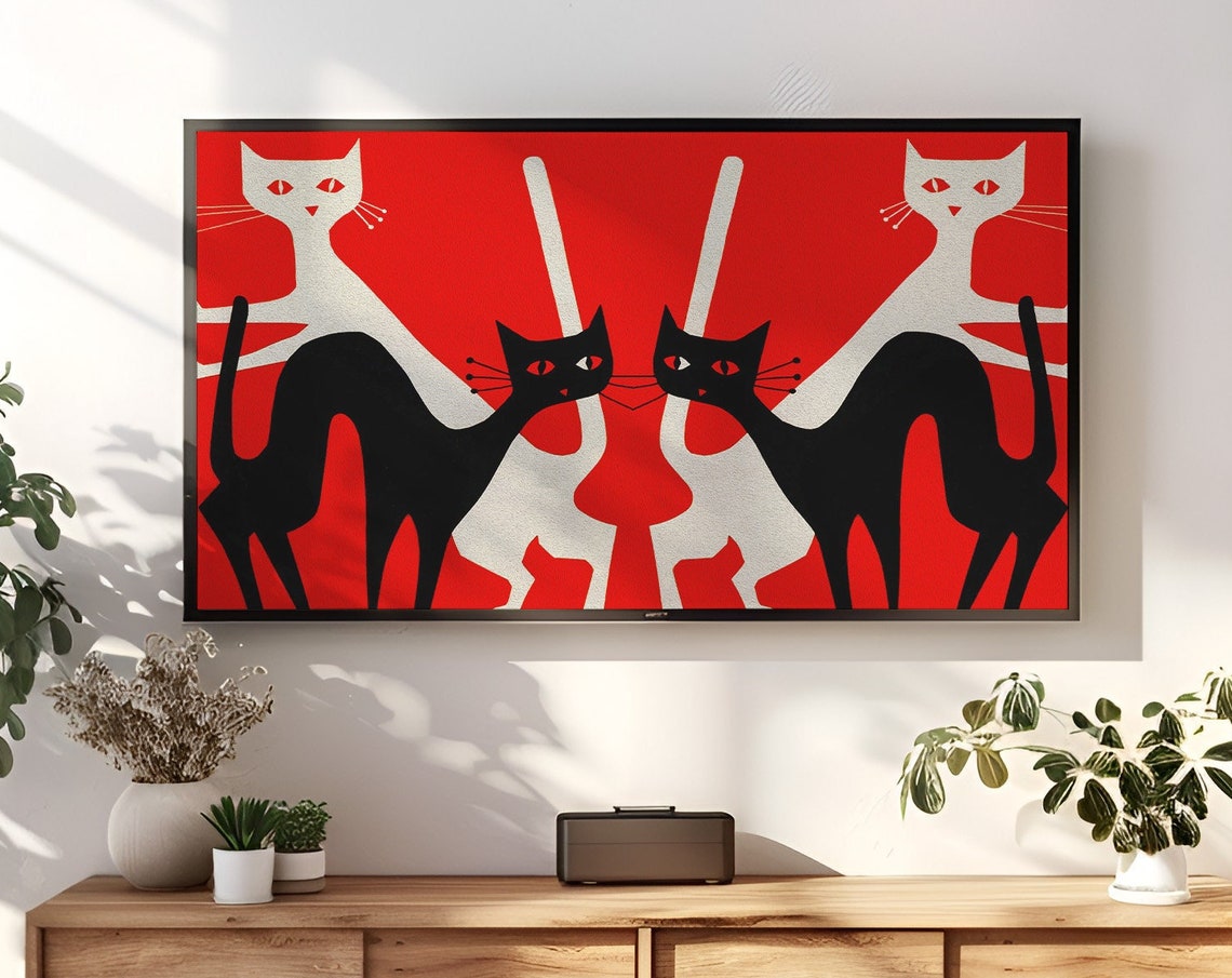 Mid Century Black and White Cats on Bold Red Background Retro Wall Art