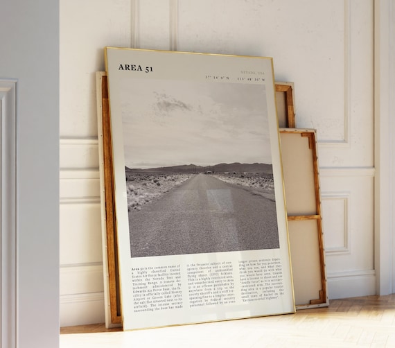 Area 51 Nevada Desert Road Vintage Black White UFO Travel Poster