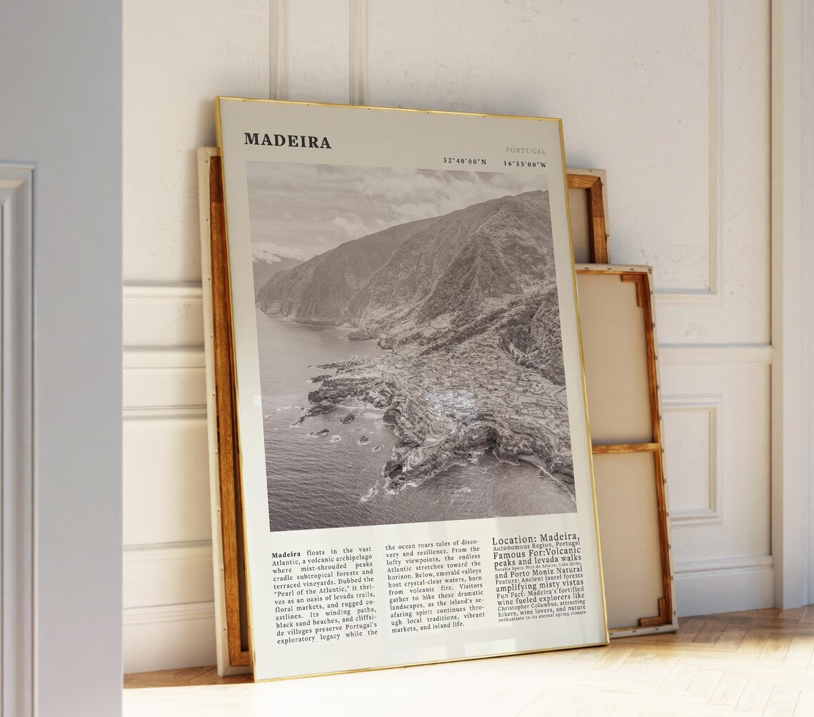 Madeira Portugal Black and White Aerial Coastline Travel Poster