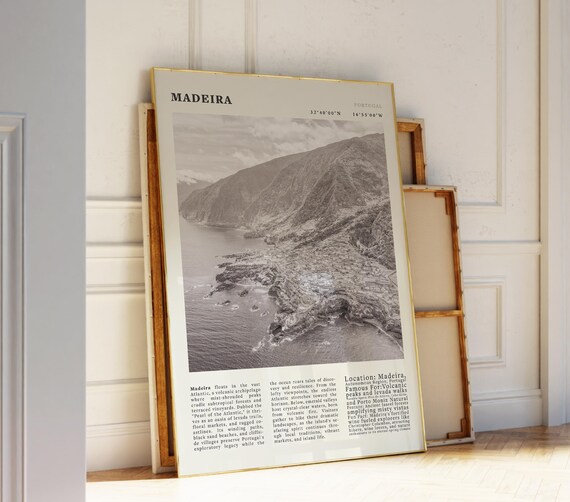 Madeira Portugal Black and White Aerial Coastline Travel Poster