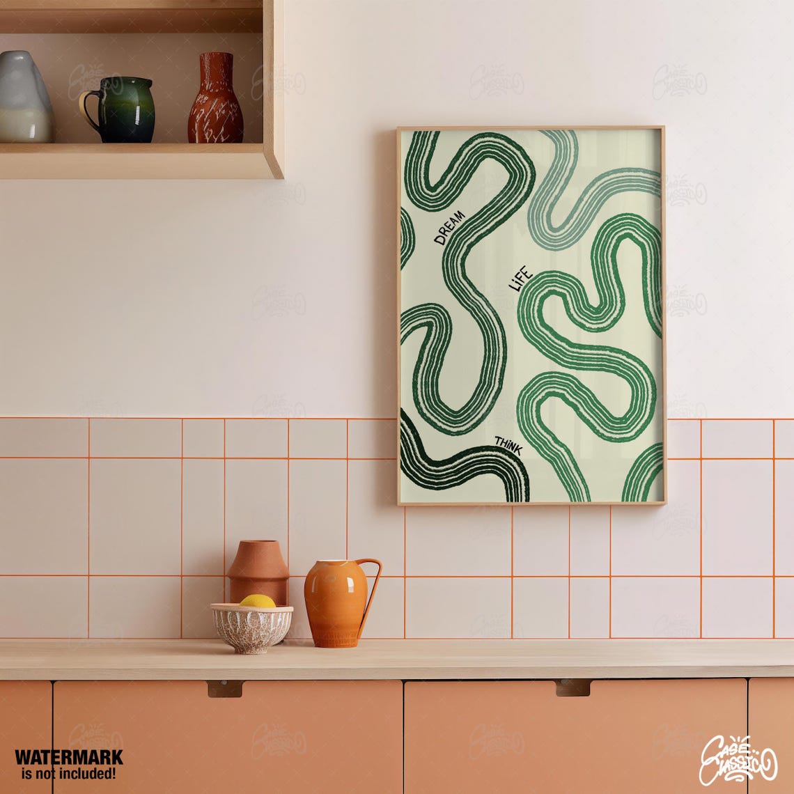 Dream Life Think Green Wavy Lines Abstract Indie Room Decor Poster