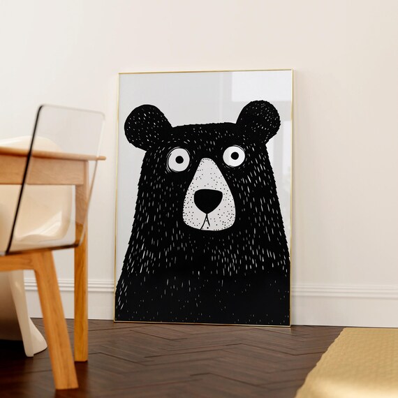 Funny Black Bear Face Googly Eyes Cute Nursery Animal Poster