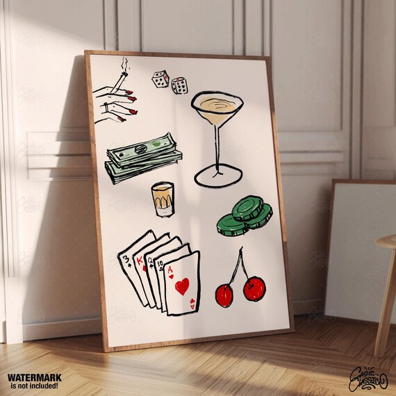 Lucky Night Casino Sketch Poker Cards Dice and Martini Poster