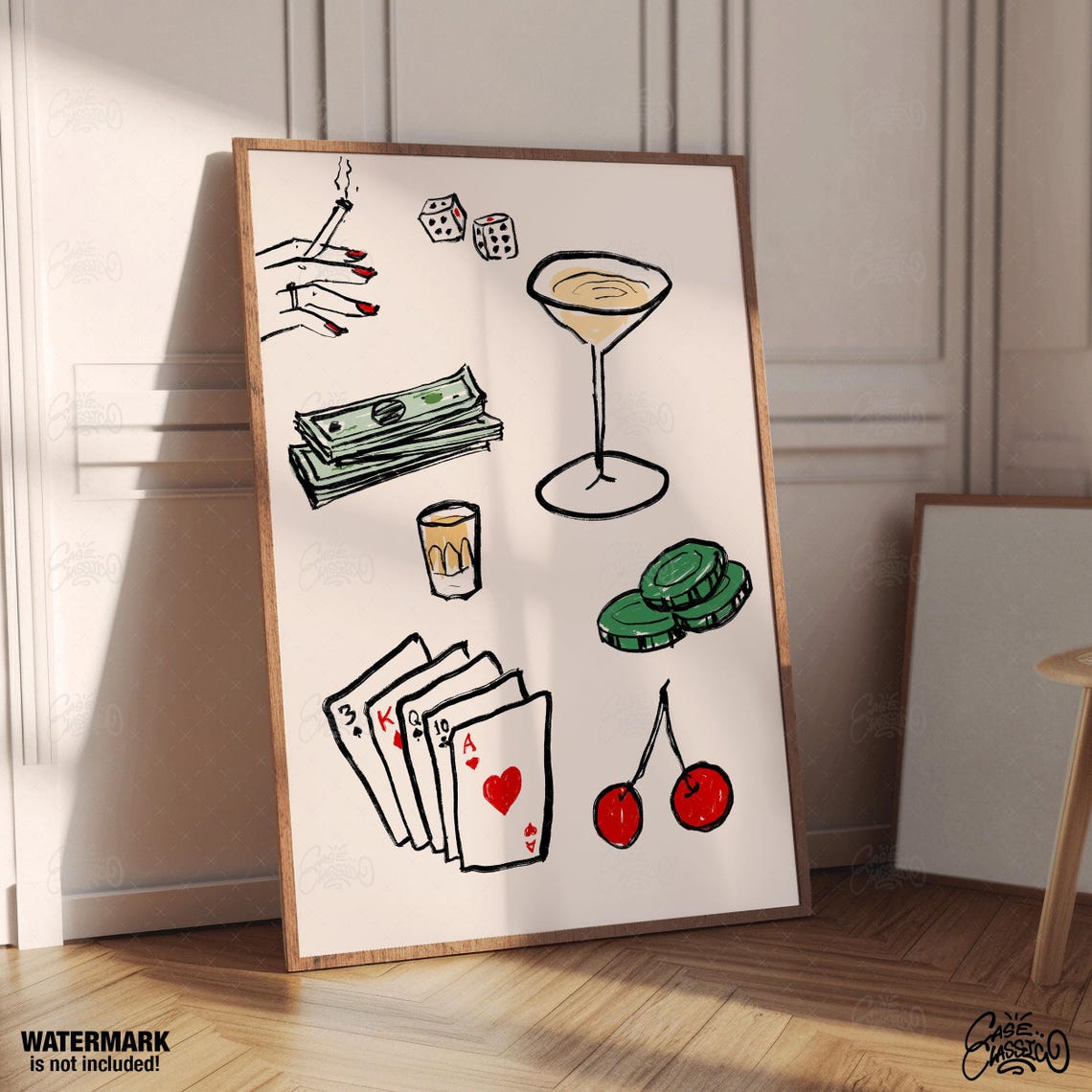 Lucky Night Casino Sketch Poker Cards Dice and Martini Poster