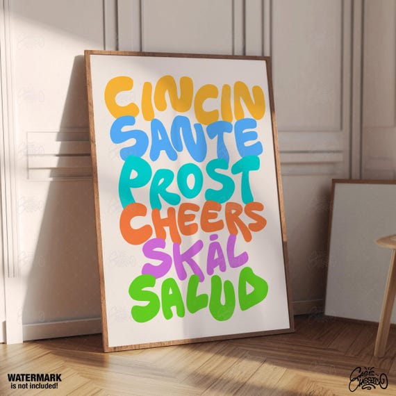 Cin Sante Prost Cheers Skal Salud Bar Cart Accessories Print Sign Quote Typography