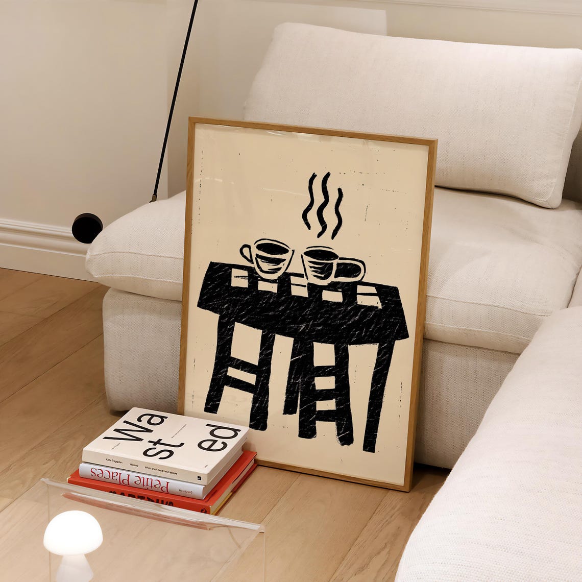 Black And White Coffee Cups Linocut Minimal Cafe Kitchen Art Poster