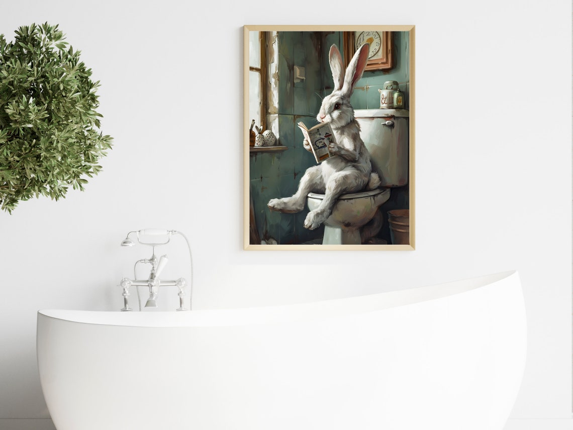 White Rabbit On Toilet Reading Newspaper Funny Bathroom Poster - Image 2