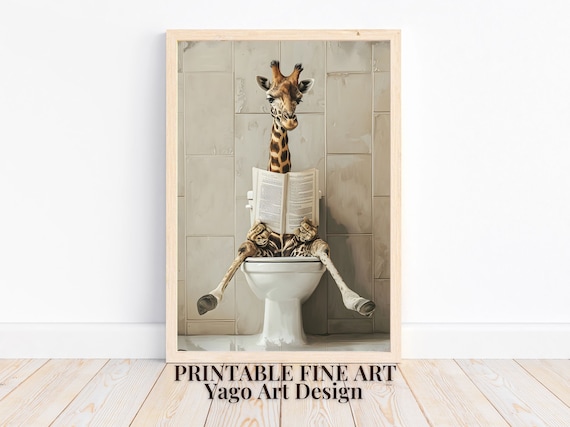 Tall Giraffe On Toilet Reading Newspaper Funny Bathroom Wall Art