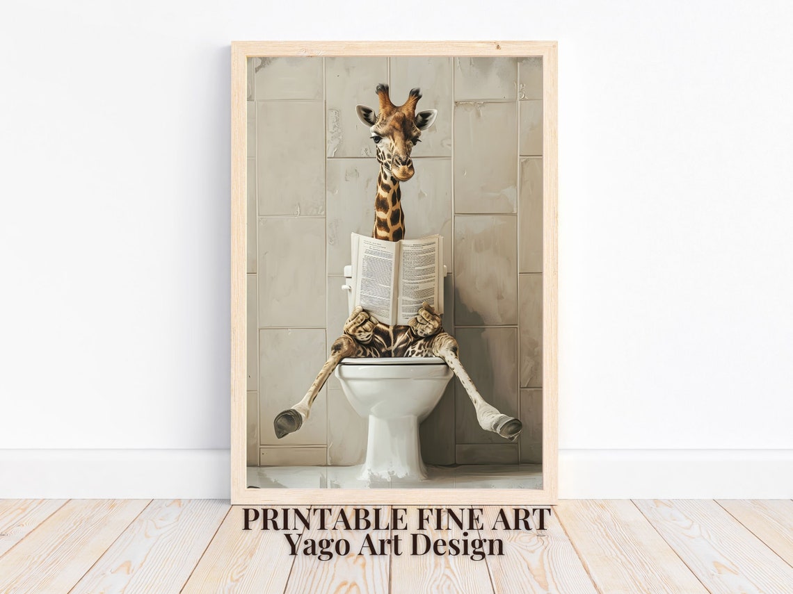 Tall Giraffe On Toilet Reading Newspaper Funny Bathroom Wall Art