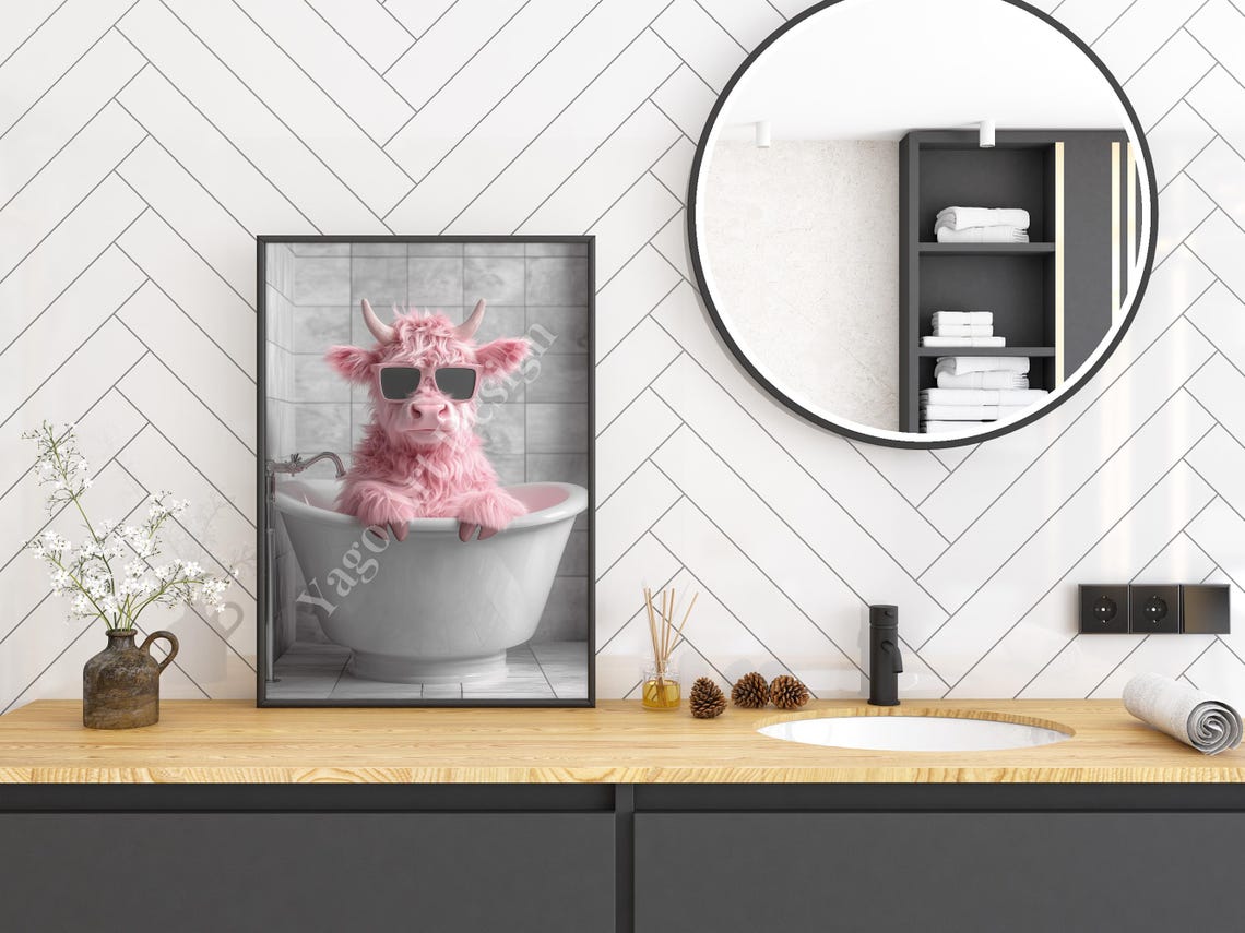 Pink Highland Cow with Sunglasses in Bathtub Poster Cool Decor - Image 3