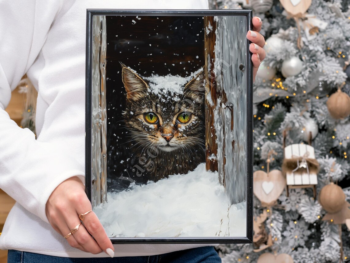Tabby Cat in Falling Snow Moody Winter Oil Painting Art Poster - Image 4