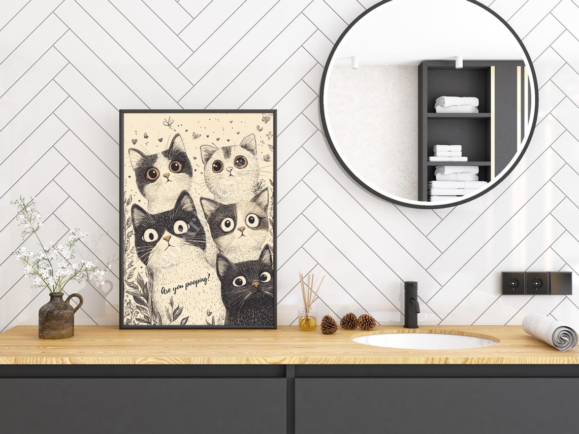 Are You Pooping Five Wide Eyed Cats Funny Bathroom Art Poster - Image 2