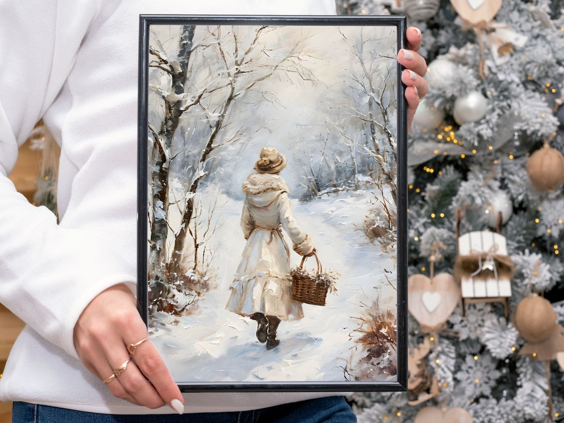 Woman Walking in Snowy Forest Vintage Winter Landscape Poster - Image 4
