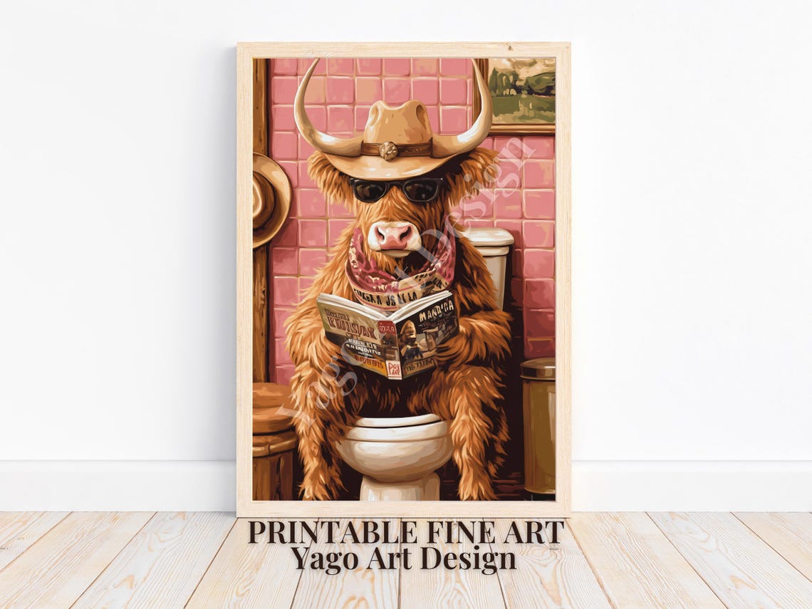 Cowgirl Highland Cow Sitting On Toilet Art Print Rustic Farmhouse Bathroom Decor Trendy Preppy Pink Toilet Poster Retro Western Cowgirl