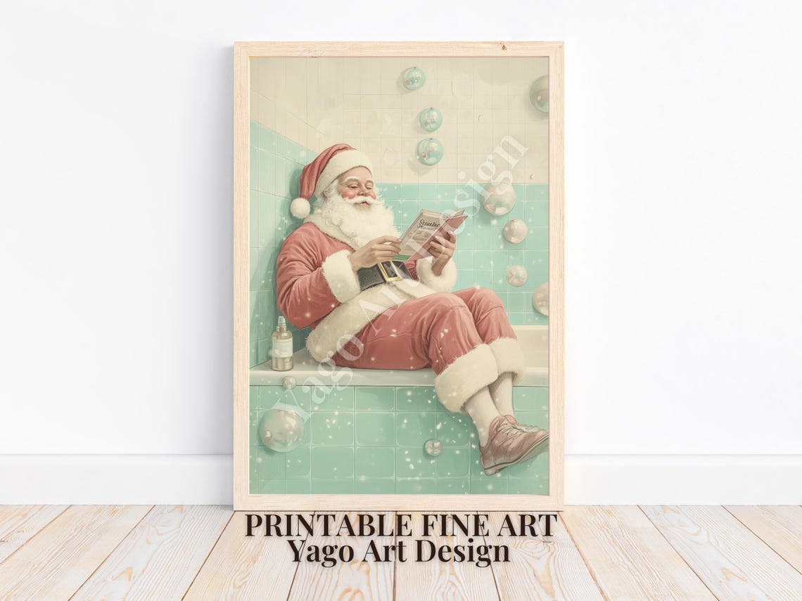 Santa Claus Relaxing on Bathtub Edge Reading Cozy Christmas Poster