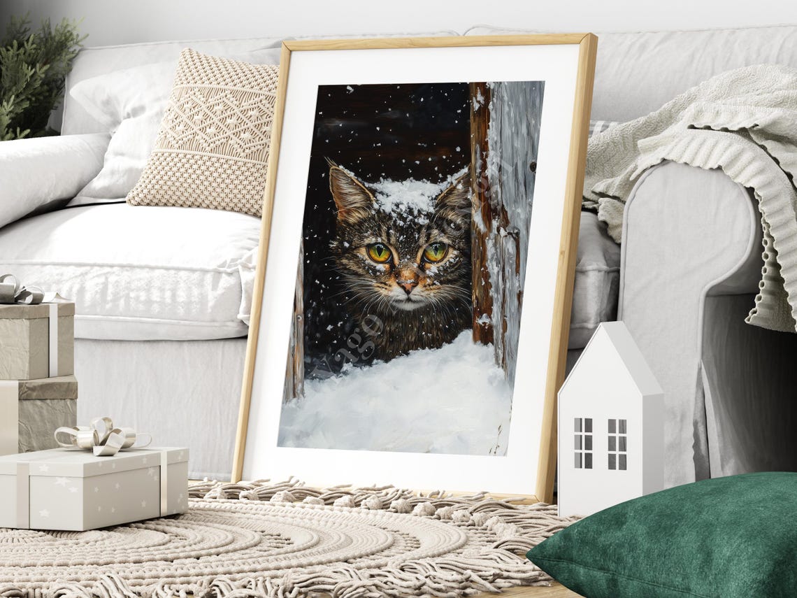 Tabby Cat in Falling Snow Moody Winter Oil Painting Art Poster - Image 3