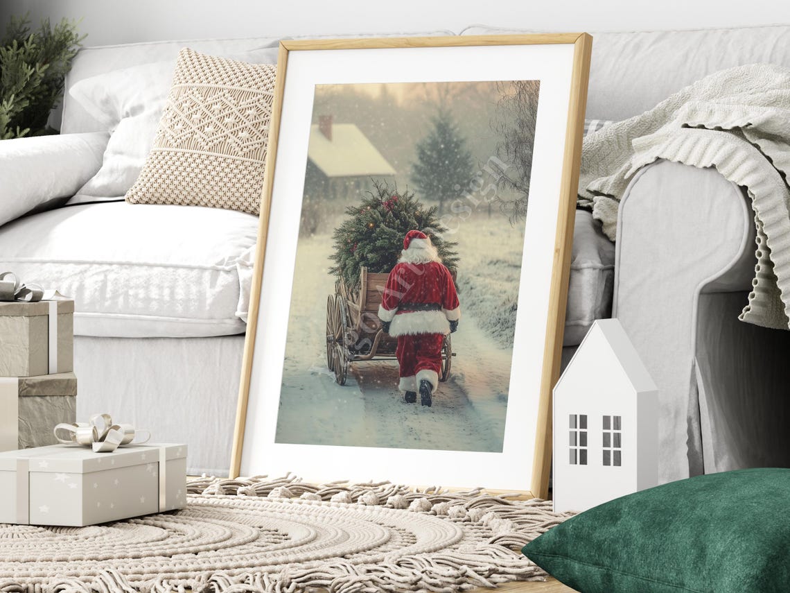 Santa Hauling Christmas Tree in Snow Poster Vintage Winter Scene - Image 3