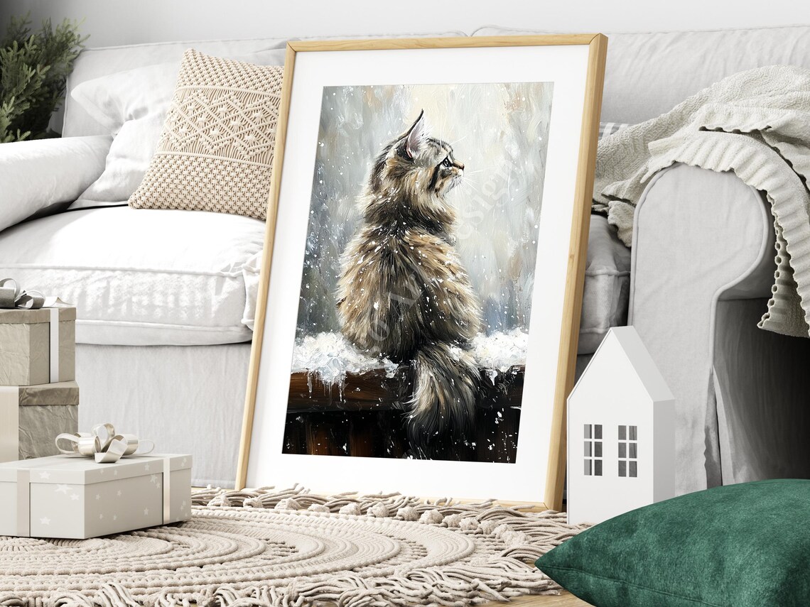 Fluffy Long Haired Cat in Snowfall on Fence Winter Painting Poster - Image 3