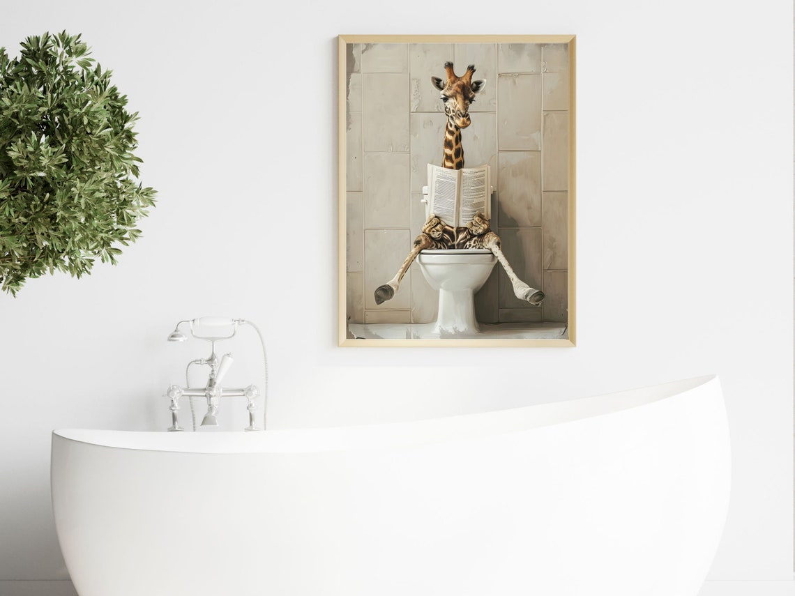 Tall Giraffe On Toilet Reading Newspaper Funny Bathroom Wall Art - Image 4