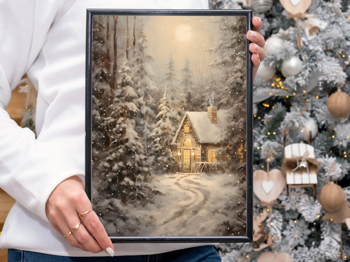 Cozy Cabin in Snowy Forest at Dusk Winter Landscape Wall Art - Image 4